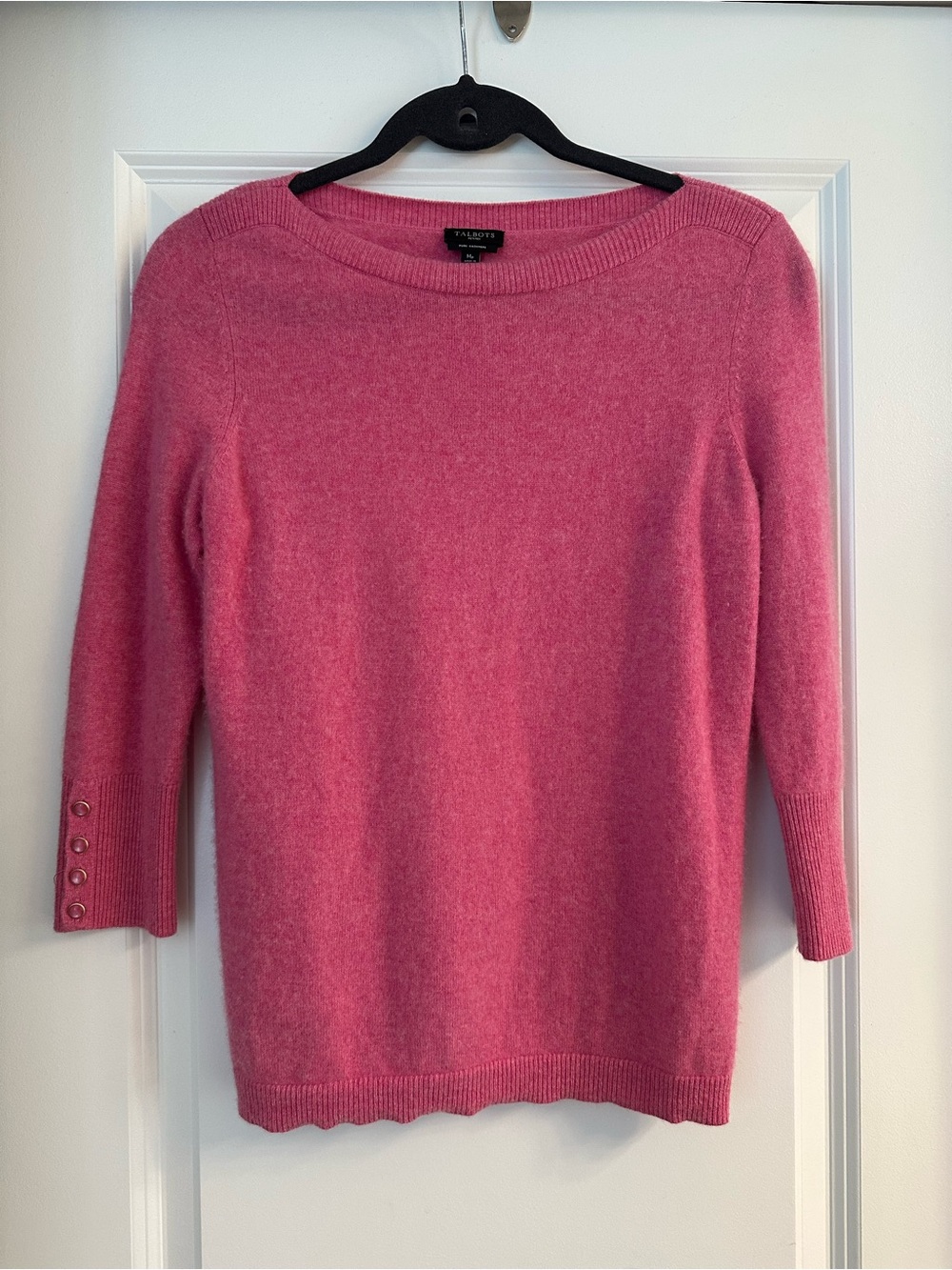 Talbots Hot Pink Boatneck Cashmere-Blend Sweater with Button Cuffs